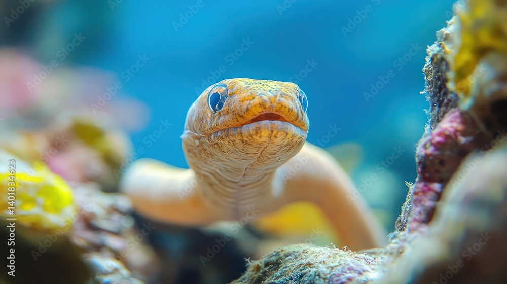 Aufkleber close-up of a pale yellow snowflake moray eel with a distinctive mottled pattern on its head, set ag