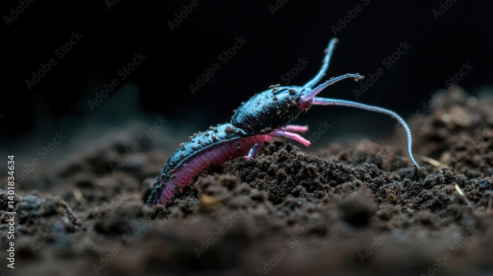 Poster macro shot of a dark worm with pink underside crawling on dark soil. the worm is in focus, showing i