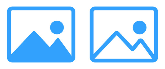 Vector icons of photo frames with mountains and sun. One in solid black style, the other in outlined style. Minimalist design for UI, apps, websites, and digital interfaces. , gallery, icons, vector.