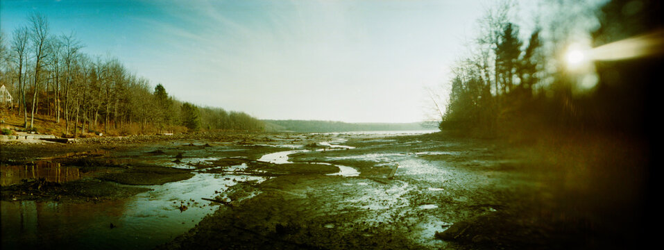 Panoramic river flowing through mountain, Pocono Mountains, Pennsylvania, USA.