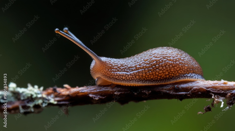 Poster detailed macro shot of a small brown slug crawling along a thin, mossy twig against a dark green blu