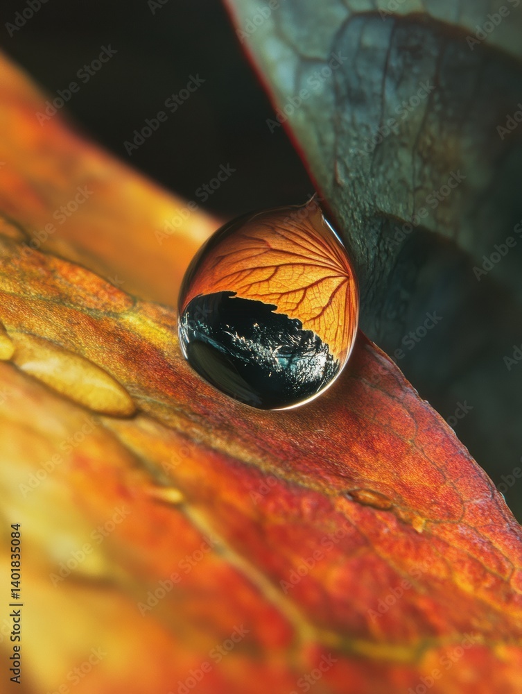 Poster planet earth reflected in a dew drop resting on a vibrant leaf in nature