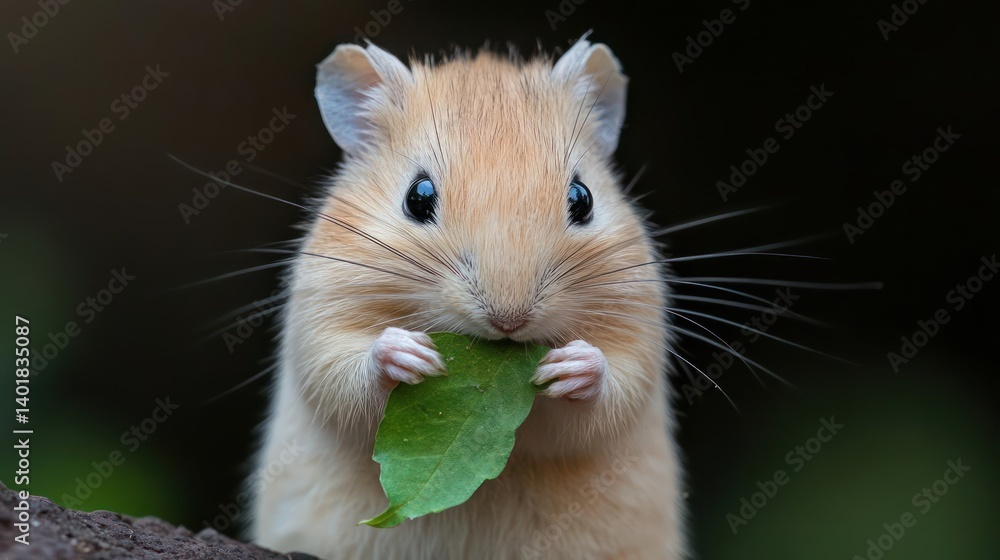 Poster close-up of a small, light brown mouse with large ears, holding and nibbling on a green leaf with bo