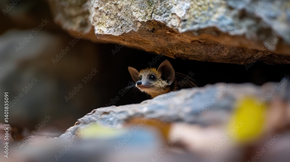 Poster close-up of a small brown bat nestled between rocks, showcasing its delicate features and fur. the b