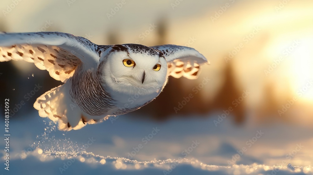 Poster majestic white snowy owl in flight over a snowy landscape with blurred evergreen trees in background