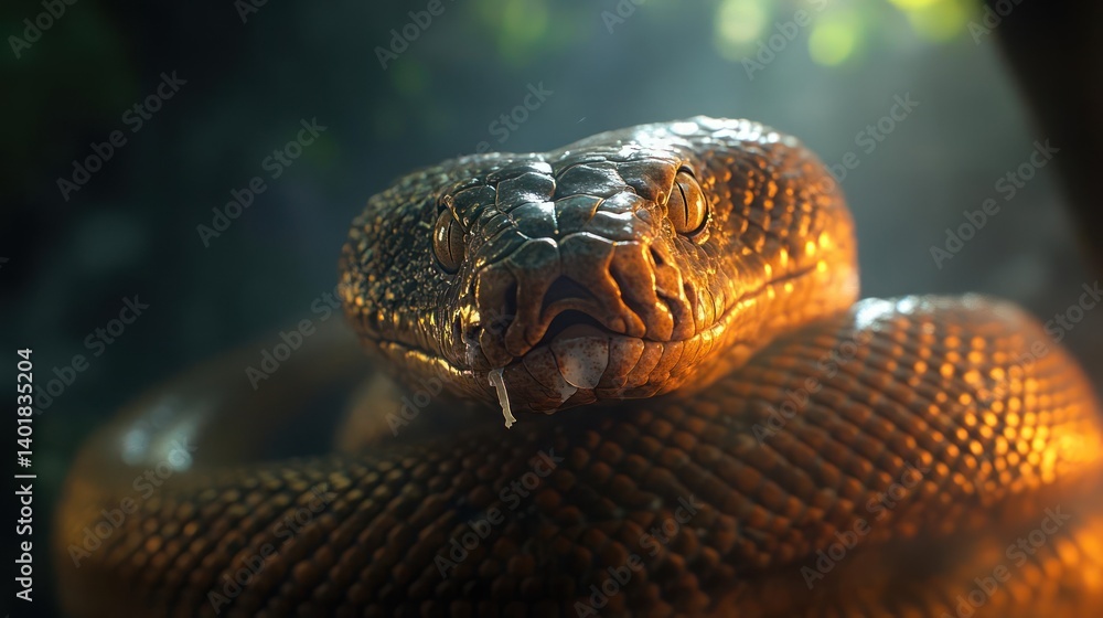 Aufkleber close up of a golden brown snake coiled with focus on its head, tongue sticking out, under soft ligh