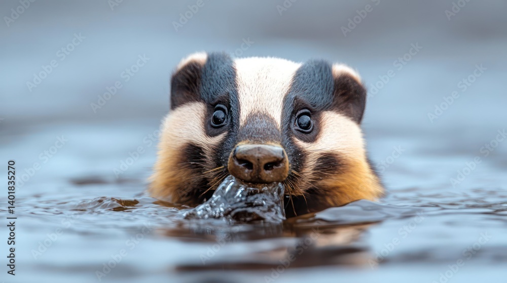 Poster close-up of a badger swimming in water, with its head and upper body visible. its black and white fa