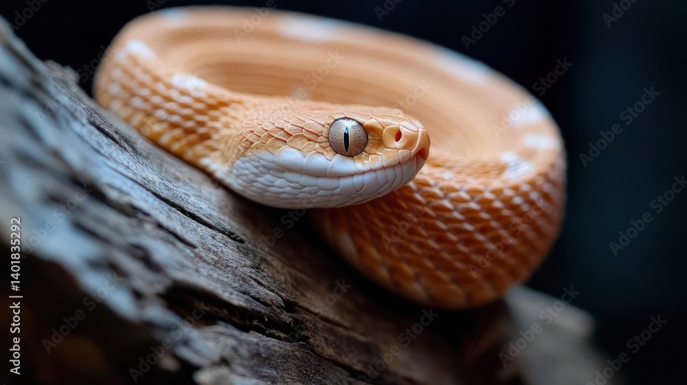 Aufkleber macro shot of a light orange snake coiled on a textured tree branch, featuring detailed scales and s