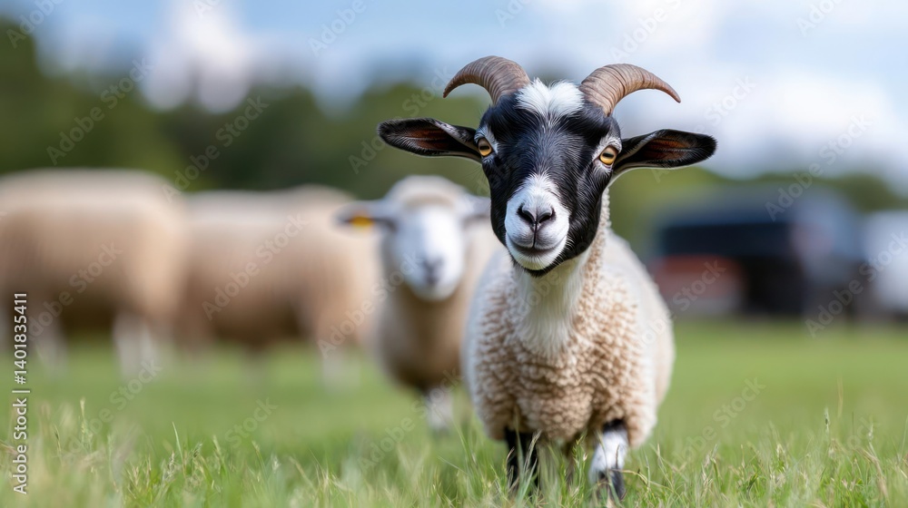 Poster Close up view of a black and white goat with short curved horns standing in a field with other sheep out of focus in the background, green grass and blurred background trees. The goat has a light