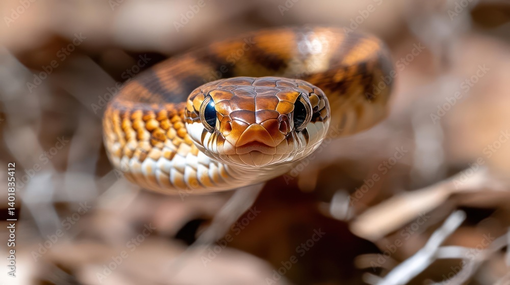 Poster a close up, eye level shot of an alert brown and yellow snake looking directly at the viewer. the ba