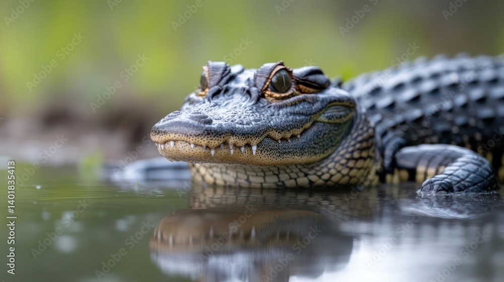 Poster close up shot of an alligator in swamp water with blurred green foliage background. the alligator ha
