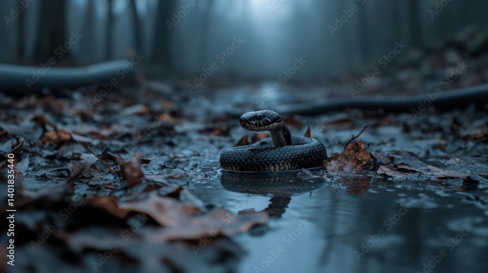 Poster moody close up of a black snake in a puddle, surrounded by leaves, on a foggy day in the woods. soft