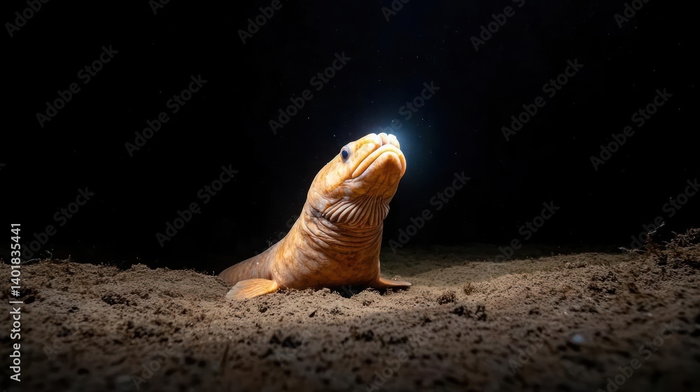 Poster Low-angle shot of an orange reptile emerging from dark sand, illuminated by a bright light creating stark contrast and showcasing the rough texture of its skin against the dark background