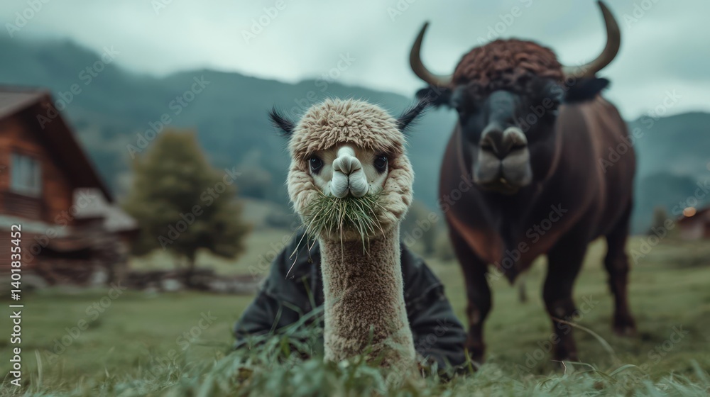 Poster A close-up shot of an alpaca with grass in its mouth in a field with an ox standing behind. The scene is set against a backdrop of a house and a mountain in the background