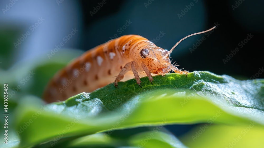 Aufkleber macro shot of a pill millipede in orange color crawling on the lush green leaf, the image displays i