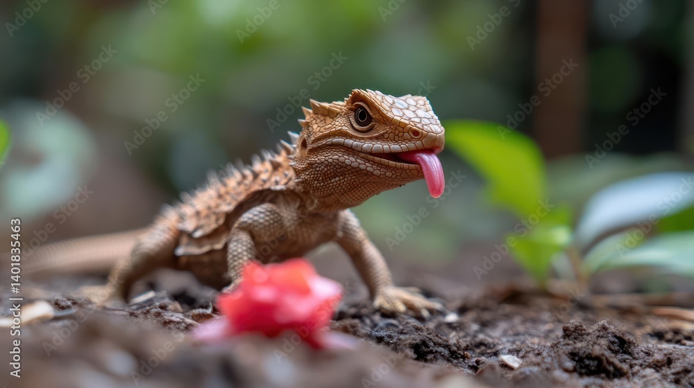 Poster close-up shot of a spiny brown lizard with its tongue sticking out in an outdoor setting with blurre