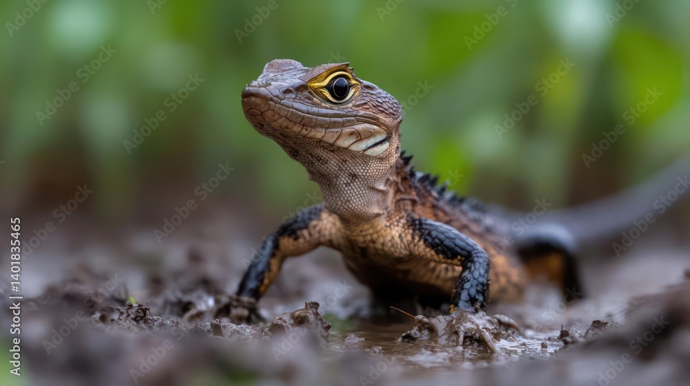 Poster close-up of a brown and black lizard standing in the mud. the lizard has a ridged head and yellow ey
