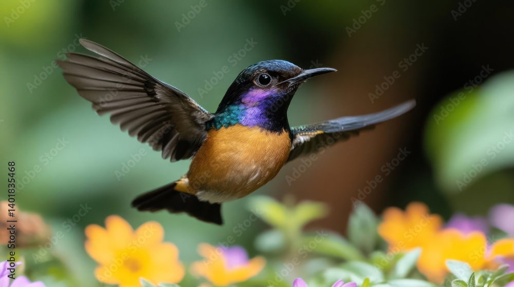 Poster a vividly colored sunbird in mid-flight, wings spread against a soft-focus background of vibrant flo