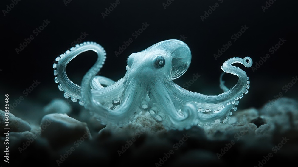 Poster a captivating, close-up shot of a translucent octopus on a sandy seabed under dim lighting, highligh