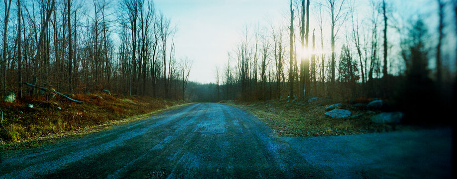 Panoramic view of road passing through mountain, Pocono Mountains, Pennsylvania, USA.