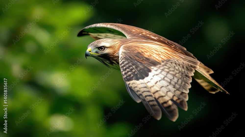 Poster a detailed close-up captures a brown hawk in mid-flight with its wings spread against a blurred gree