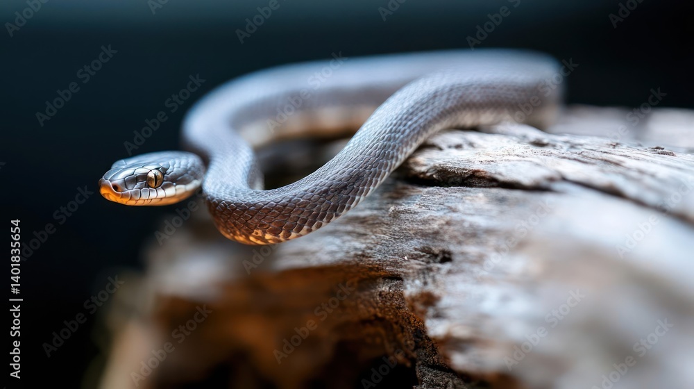 Poster A grey snake with orange eyes coiled atop a weathered piece of wood, set against a dark backdrop. The snake scales are visible, capturing the reptile's texture and form in sharp focus