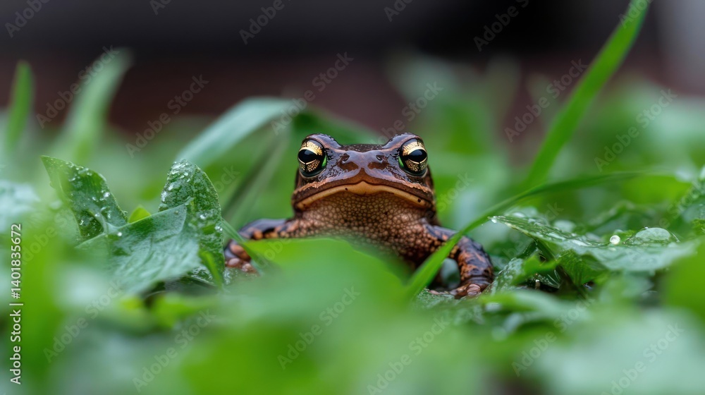 Poster A close-up shot captures a brown frog nestled in green grass. The frog is the focal point, with a shallow depth of field emphasizing its features against the blurred background of greenery and dirt