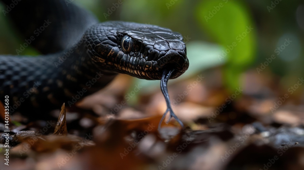 Aufkleber close-up shot of a glossy black snake with its tongue extended, set against a blurred backdrop of gr