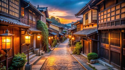 Fototapeta premium Serene Cobblestone Street in Traditional Japanese District with Lanterns Illuminating Historic Architecture