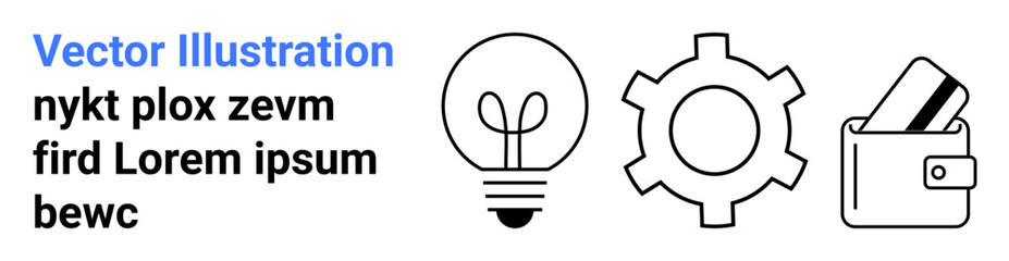 Light bulb, gear, and wallet with cards represent ideas, efficiency, and financial planning. Ideal for technology, startups, productivity tools, financial services innovation management landing