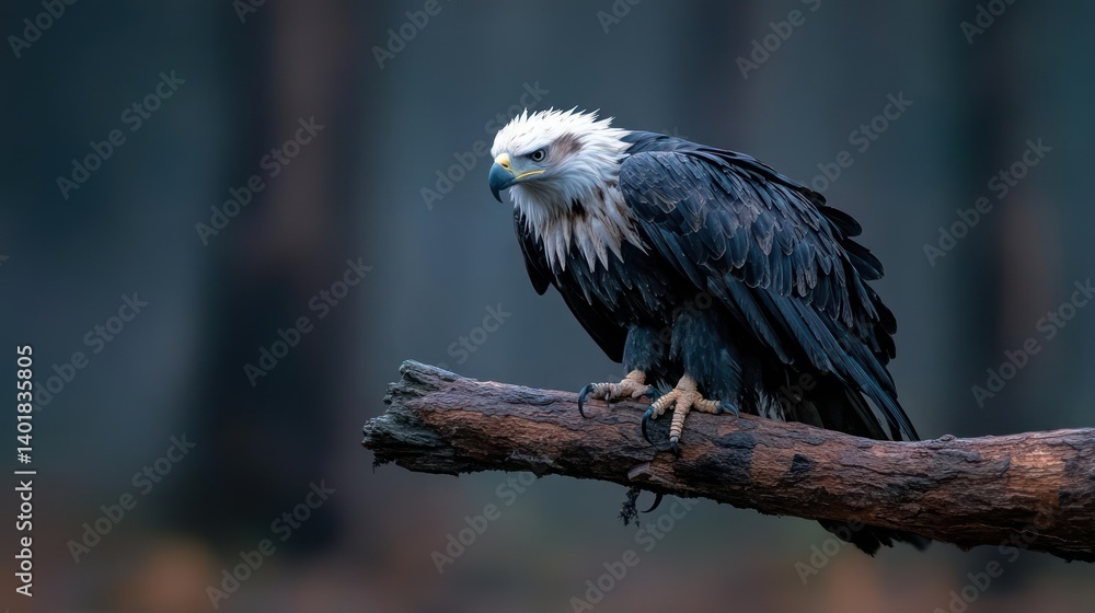 Poster close up of a wet white-headed eagle perched on a brown branch in a forest setting. the background i