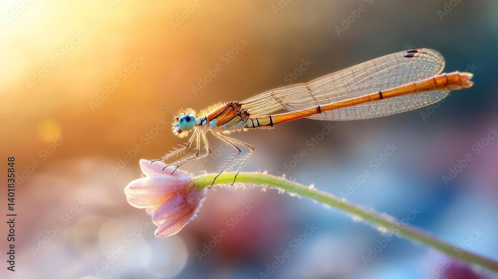 Aufkleber close up capture of a vibrant orange dragonfly perched on a delicate pink flower with glistening dew