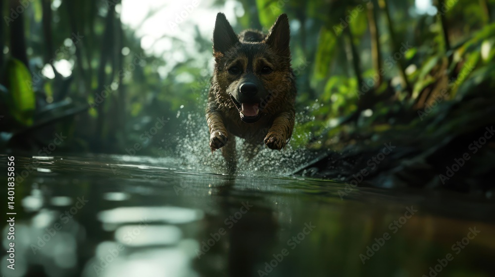 Poster a wet german shepherd dog runs through shallow water in a lush green jungle setting. the dog is the 