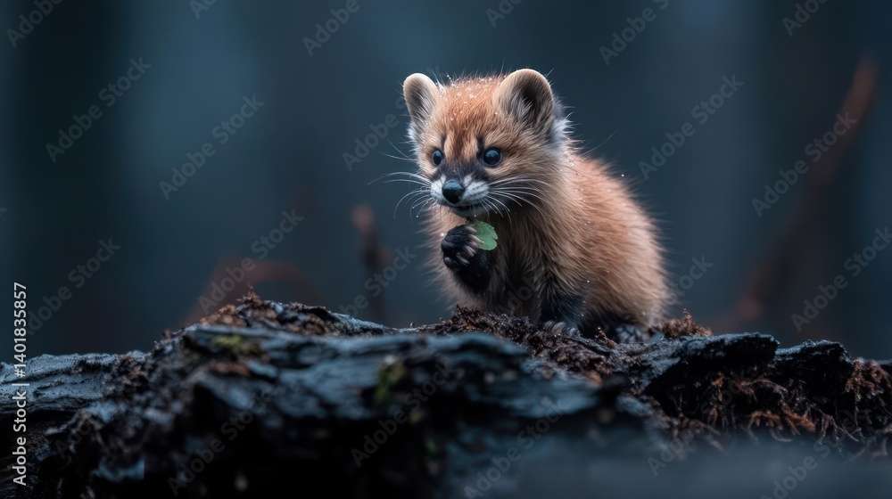 Poster captivating close-up of a small, fuzzy, brown furred animal with black eyes perched atop a dark, mos