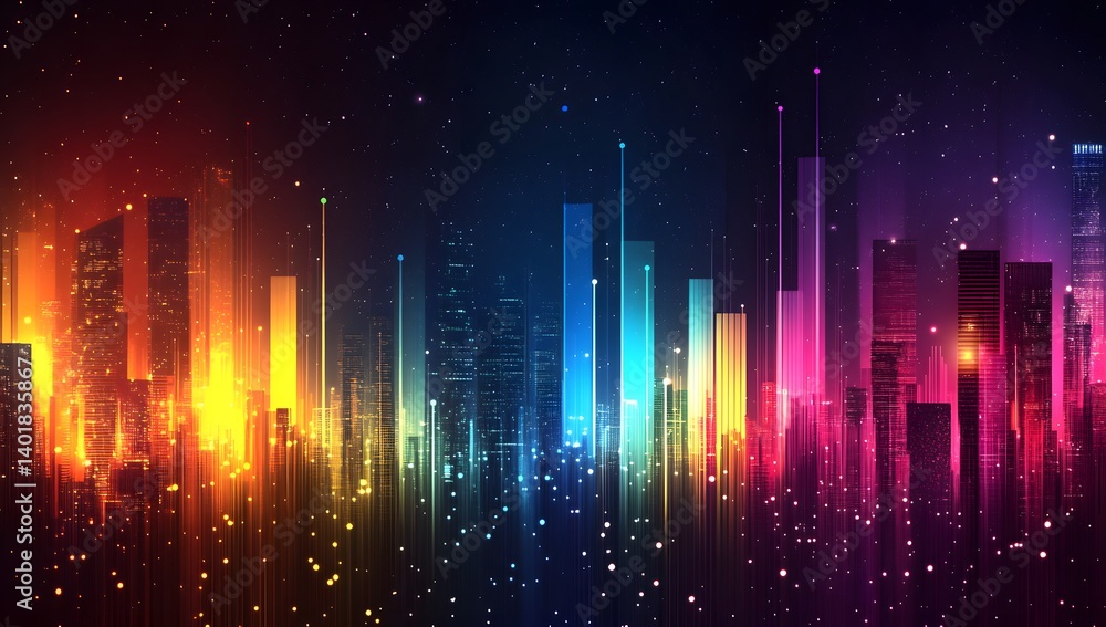 Poster abstract, colorful, glowing data science and technology background with a sound spectrum bar graph, 