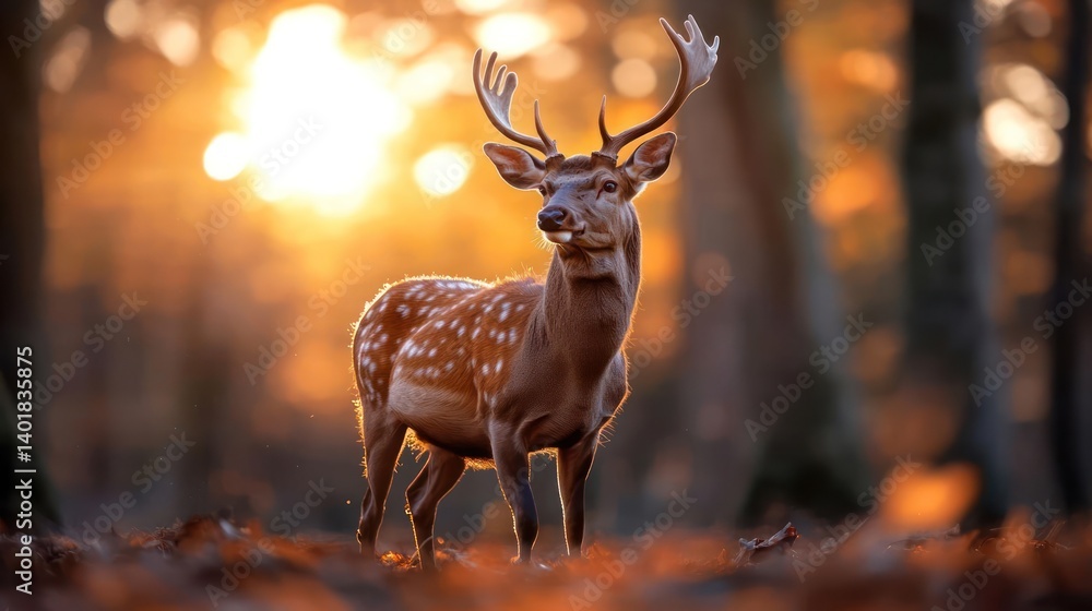 Aufkleber a deer with antlers stands in a forest with sunlight filtering through the trees. the forest floor i