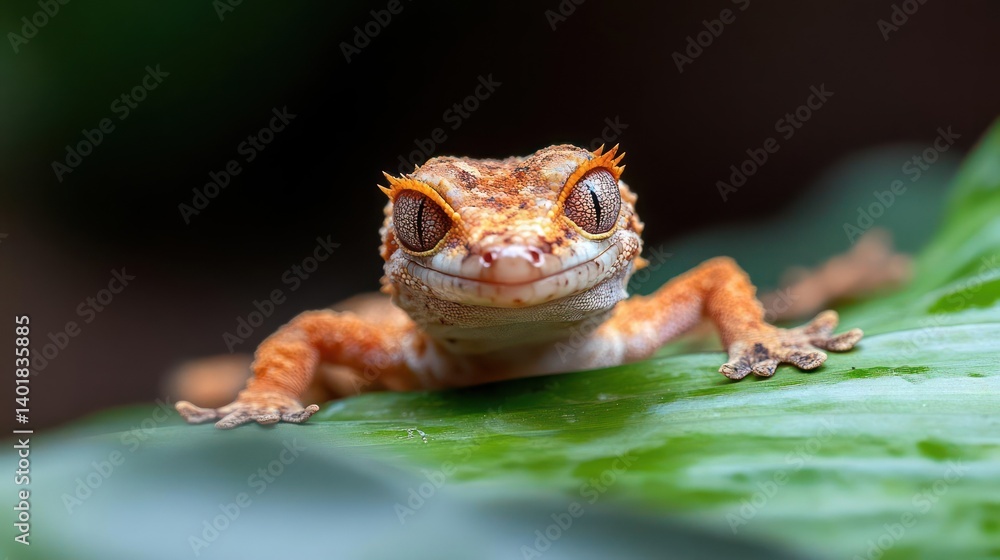 Poster close up shot of an orange crested gecko sitting on a green leaf. the gecko is positioned centrally,