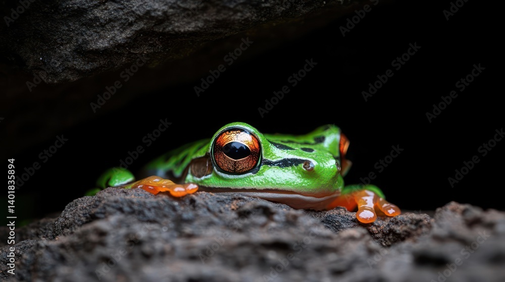 Poster a striking close-up of a vibrant green frog with distinctive red eyes, perched on a textured gray ro