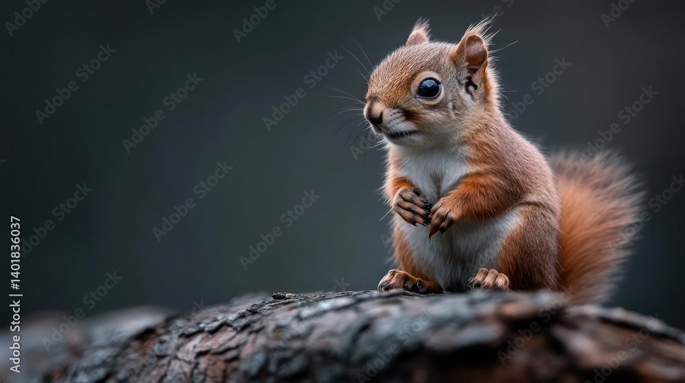 Fototapete close-up of a red squirrel perched on a branch. the squirrel has fluffy, reddish-brown fur and dark 