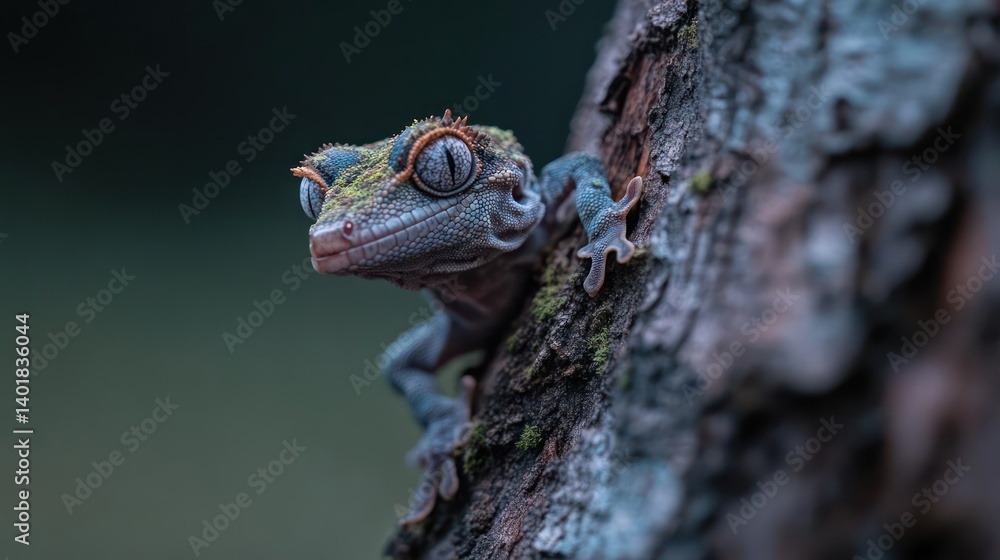 Aufkleber close-up macro shot of a gargoyle gecko clinging to tree bark, showcasing its detailed skin texture 