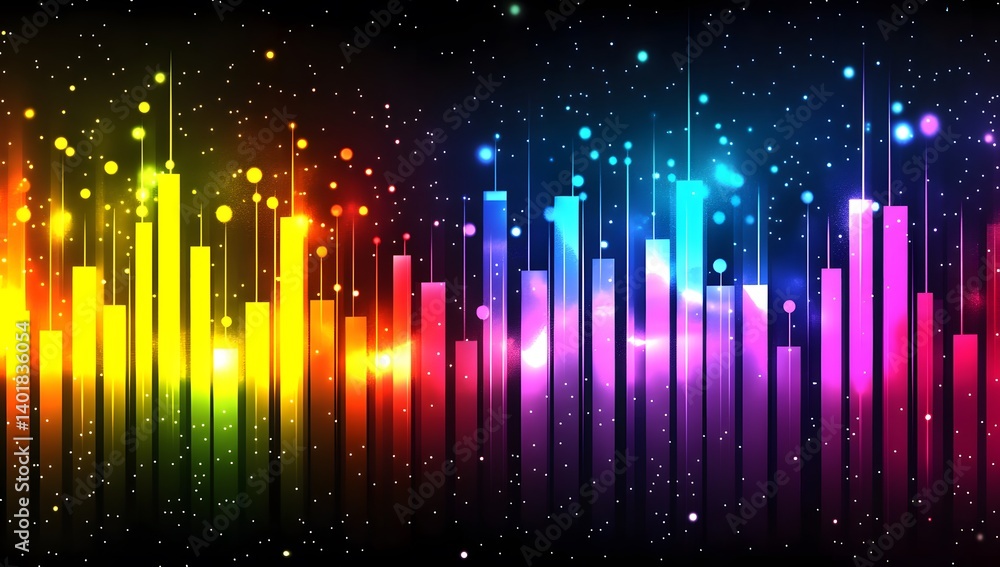 Poster abstract, colorful, glowing data science and technology background with a sound spectrum bar graph, 