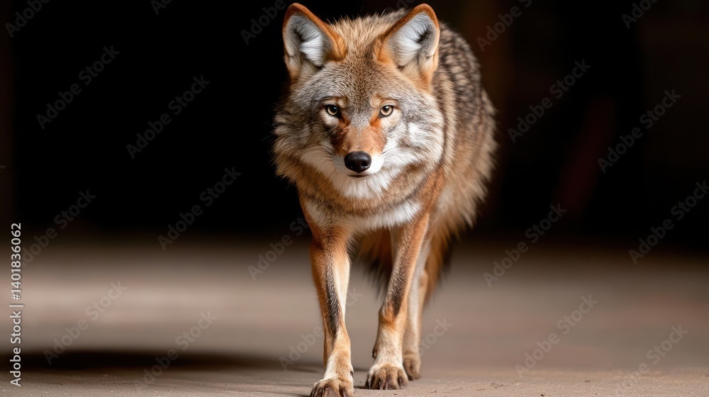 Aufkleber Close up of a coyote walking directly towards the camera on a concrete surface with blurred background, showcasing its detailed fur and focused gaze in a natural setting under soft lighting