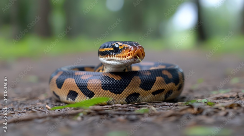 Aufkleber close-up of a calico snake with orange, black, and tan coloring coiled on a forest path with blurred
