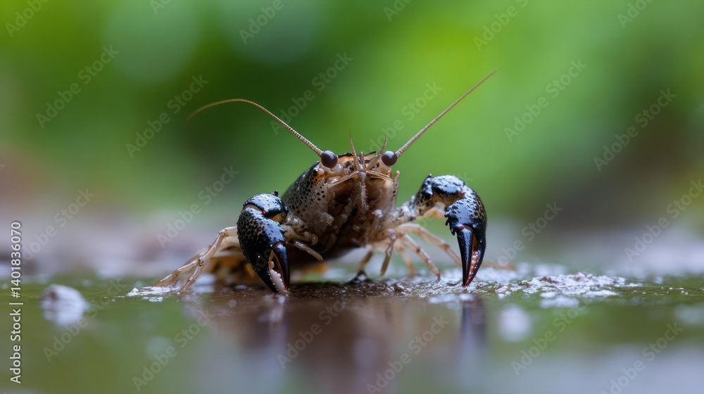Poster macro shot of a mottled brown and black crayfish with prominent claws, standing in shallow water wit