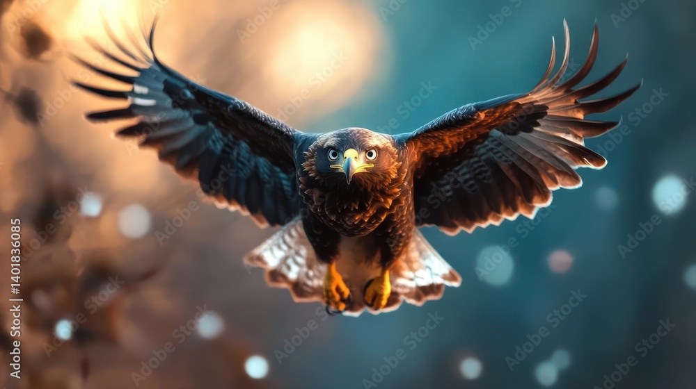 Poster a majestic eagle soars with outspread wings against a blurred forest backdrop. the bird's dark pluma