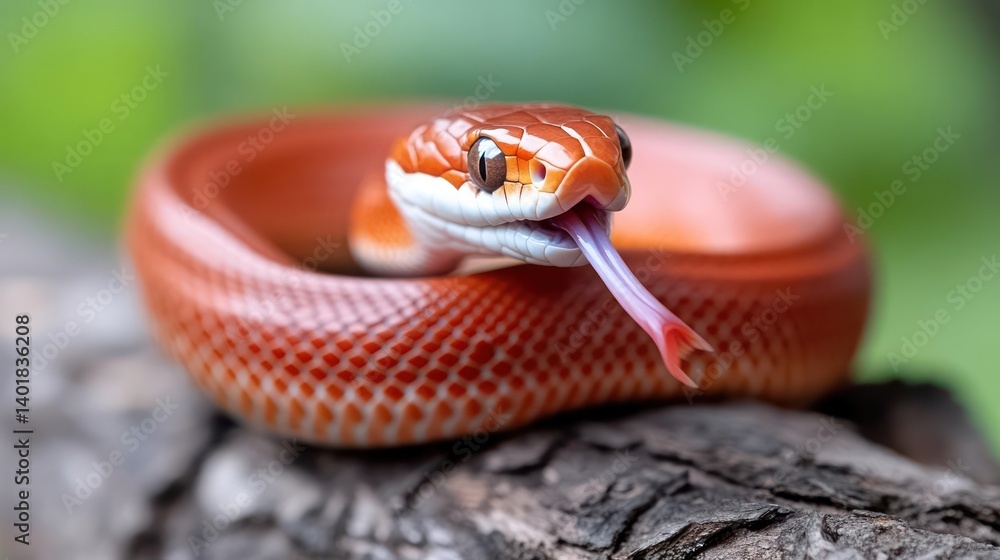 Poster close up shot of an orange snake coiled on a weathered log, tongue extended, set against a blurred g