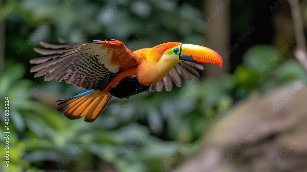 Poster Close up of a colorful bird in flight with green forest background. The bird features bright orange beak and plumage, with wings spread open. Motion and vibrant natural habitat create a dynamic