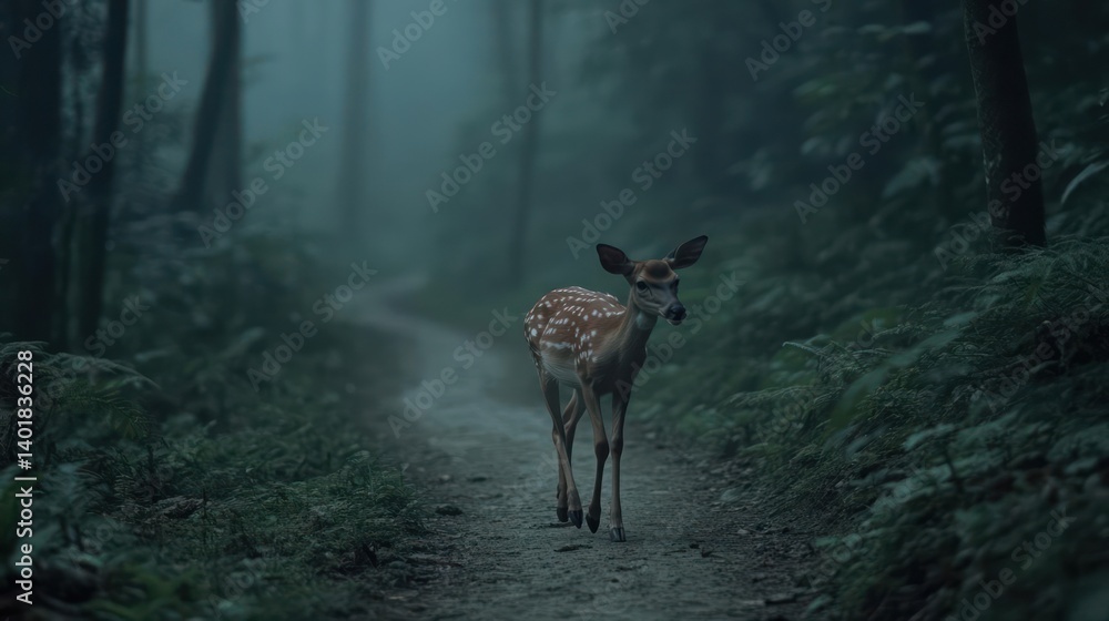 Poster amidst a serene foggy forest, a deer stands gracefully on a path. its fawn coat contrasts with the d