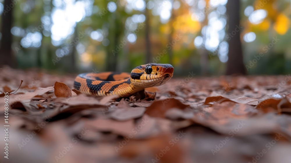 Poster A vibrant snake with orange and black markings slithers across a forest floor covered in brown leaves. The shallow depth of field blurs the background trees and foliage, creating a natural bokeh