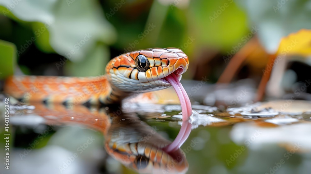 Poster close up image of a orange and black snake with its tongue sticking out in the water. the water refl